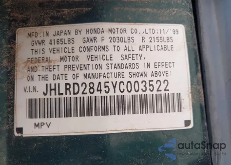 2000 Honda Cr-V Lx z USA, uszkodzony, nr VIN JHLRD2845YC003522